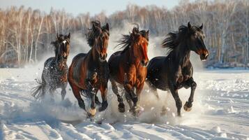 ai generiert Pferde galoppierend im Winter Landschaft foto