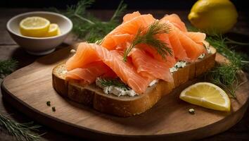 ai generiert Brot mit frisch Lachs geschnitten köstlich Lachs auf ein hölzern Tafel foto