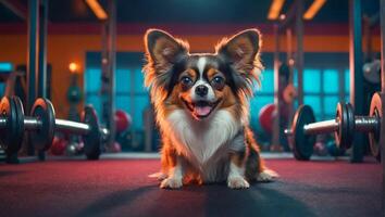 ai generiert süß Hund im das Fitnessstudio foto
