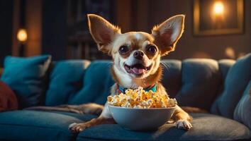 ai generiert ziemlich Hund beim Zuhause mit Popcorn foto