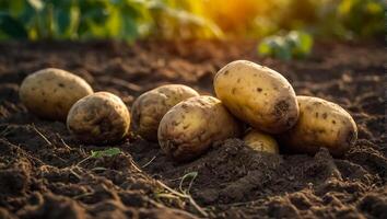 ai generiert Kartoffel Ernte auf das Boden schließen oben foto