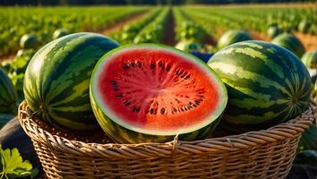 ai generiert reif Wassermelonen im ein Korb im das Feld foto