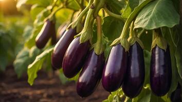 ai generiert reif Aubergine das Garten draußen foto