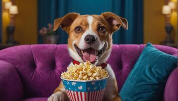 ai generiert ziemlich Hund beim Zuhause mit Popcorn foto