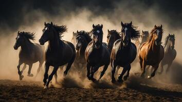 ai generiert großartig Herde von dunkel Pferde im das Hintergrund foto