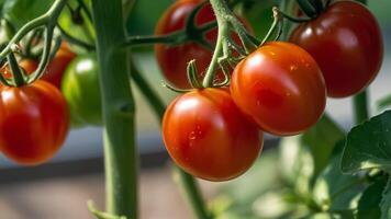 ai generiert reif Tomate im ein Gewächshaus foto