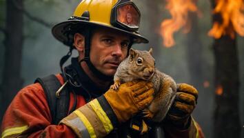 ai generiert männlich Feuerwehrmann hält ein gerettet Eichhörnchen im seine Waffen foto