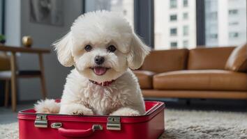 ai generiert süß Hund mit ein Koffer im das Wohnung foto