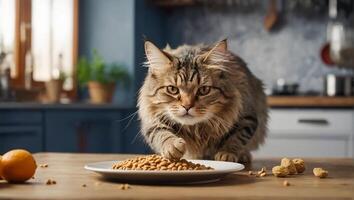 ai generiert süß Katze hungrig mit trocken Essen Zuhause foto