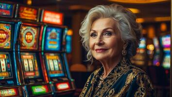 ai generiert schön Alten Frau spielen Kasino Slot Maschine foto