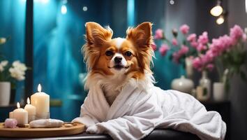 ai generiert schön Hund im ein Bademantel im ein Spa Salon ruhen foto