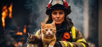 ai generiert Porträt von ein weiblich Feuerwehrmann halten ein gerettet Kätzchen im ihr Waffen foto