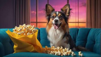 ai generiert ziemlich Hund beim Zuhause mit Popcorn foto