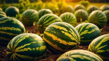 ai generiert reif Wassermelonen im das Feld foto