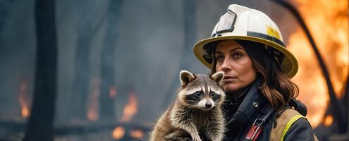 ai generiert Frau Feuerwehrmann hält ein gerettet Waschbär im ihr Waffen foto