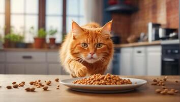 ai generiert süß Katze hungrig mit trocken Essen Zuhause foto