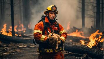 ai generiert Mann Feuerwehrmann hält ein gerettet Hase im ihr Waffen Tierwelt foto