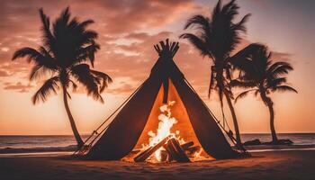 ai generiert ein Tipi auf das Strand mit Palme Bäume im das Hintergrund foto