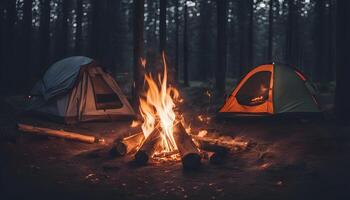 ai generiert zwei Zelte und ein Lagerfeuer im das Wald foto