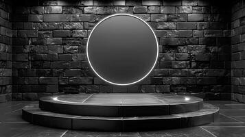 ai generiert ein schwarz und Weiß Zimmer mit ein runden Spiegel foto