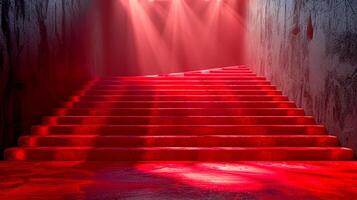 ai generiert rot Teppich Treppe führen zu ein rot Licht foto