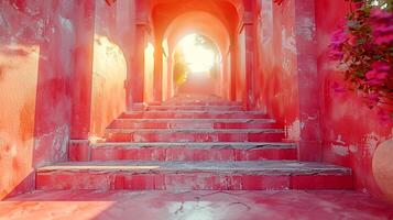 ai generiert ein Treppe mit Rosa Wände und Blumen im das Sonne foto