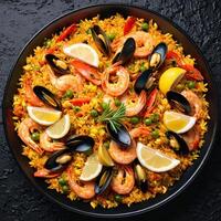 ai generiert Meeresfrüchte Paella im schwarz schwenken foto