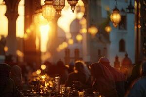 ai generiert Sonnenuntergang Fest während Ramadan beim ein Moschee, symbolisieren das brechen von das Fasten. foto