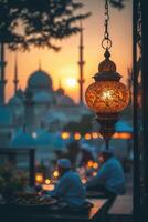 ai generiert Sonnenuntergang Fest während Ramadan beim ein Moschee, symbolisieren das brechen von das Fasten. foto
