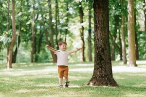 wenig kaukasisch Junge spielen draußen im das Park mit ein Stock von ein Baum foto