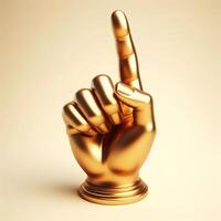 ai generiert 3d Gold Trophäe Hand Skulptur zeigen das Nummer einer mit Index Finger, Nummer einer Zeichen Geste gegen ein Sanft Beige Hintergrund. foto