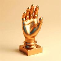 ai generiert ein golden 3d Hand Skulptur im ein anmutig, erreichen Pose Geste isoliert auf ein Sanft Beige Hintergrund. foto