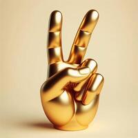 ai generiert 3d Gold Trophäe Hand Skulptur zeigen das Nummer zwei mit Mitte und Index Finger, Frieden Zeichen Geste gegen ein Sanft Beige Hintergrund. foto