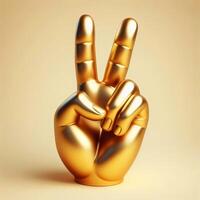 ai generiert 3d Gold Trophäe Hand Skulptur zeigen das Nummer zwei mit Mitte und Index Finger, Frieden Zeichen Geste gegen ein Sanft Beige Hintergrund. foto