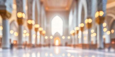 ai generiert verschwommen Innere von ein großartig Moschee Innere mit elegant Kronleuchter und kompliziert Entwürfe, Kronleuchter, und sonnendurchflutet Ambiente, gebadet im natürlich Licht. foto