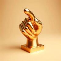 ai generiert 3d Gold Trophäe Hand, zeigen mit Index Finger Geste auf ein Beige Hintergrund foto