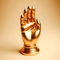 ai generiert ein golden 3d Hand Skulptur im ein anmutig, erreichen Pose Geste isoliert auf ein Sanft Beige Hintergrund. foto