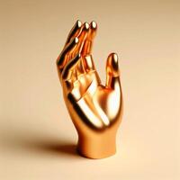 ai generiert ein golden 3d Hand Skulptur im ein anmutig, erreichen Pose Geste isoliert auf ein Sanft Beige Hintergrund. foto