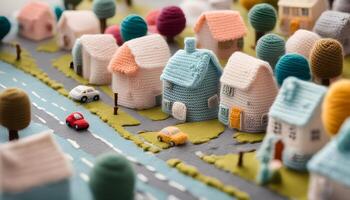 ai generiert ein klein Modell- von ein Stadt, Dorf mit Autos Fahren auf es foto