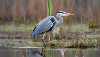 ai generiert ein Reiher Stehen im das Wasser in der Nähe von hoch Gras foto