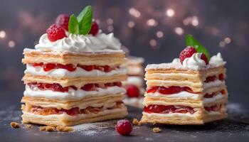 ai generiert ein Stapel von geschichtet Kuchen mit Sahne und Himbeeren foto