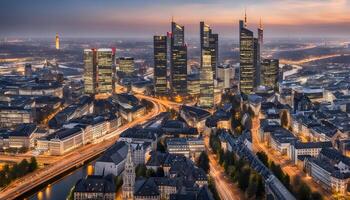 ai generiert das Stadt von Frankfurt, Deutschland beim Dämmerung foto