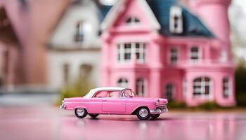 ai generiert ein Rosa Spielzeug Auto ist Sitzung im Vorderseite von ein Rosa Haus foto
