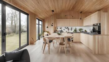 ai generiert ein modern Küche und Essen Bereich mit Holz Verkleidung foto