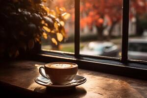 ai generiert ein Tasse von Kaffee Sitzung auf ein Fenster Tabelle foto