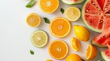 ai generiert sortiert Sommer- Früchte mögen Orangen, Zitronen, und Wassermelone Scheiben, vereinbart worden gegen foto