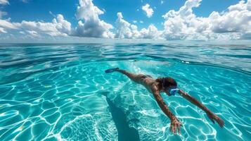 ai generiert ein Schwimmer Tauchen in das Meer, mit kristallklar Wasser und ein hell Blau Himmel foto