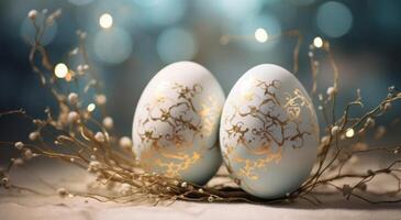 ai generiert Ostern Ostern zwei Eier sitzen Nieder auf Geäst foto