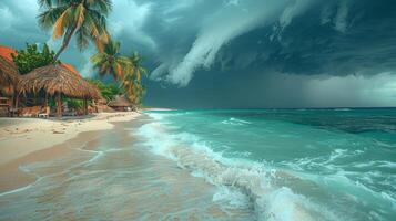 ai generiert tropisch Strand mit Palme Bäume und mit Stroh gedeckt Hütten foto