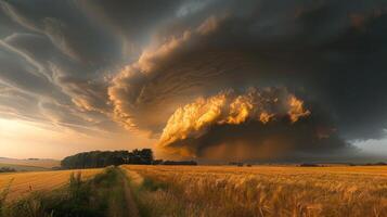 ai generiert groß Wolke Über Weizen Feld foto